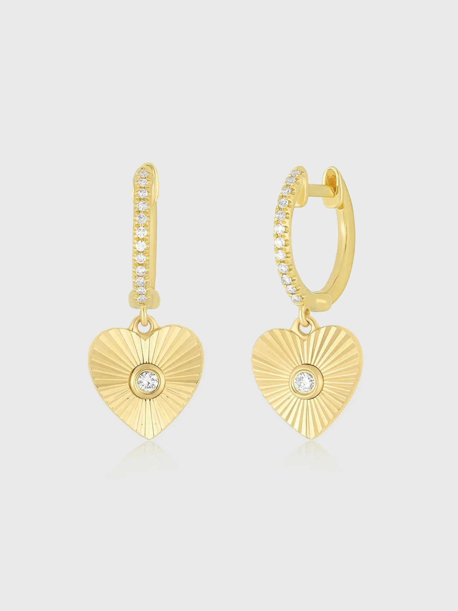 EF Collection Diamond Fluted Heart Drop Huggie Earrings