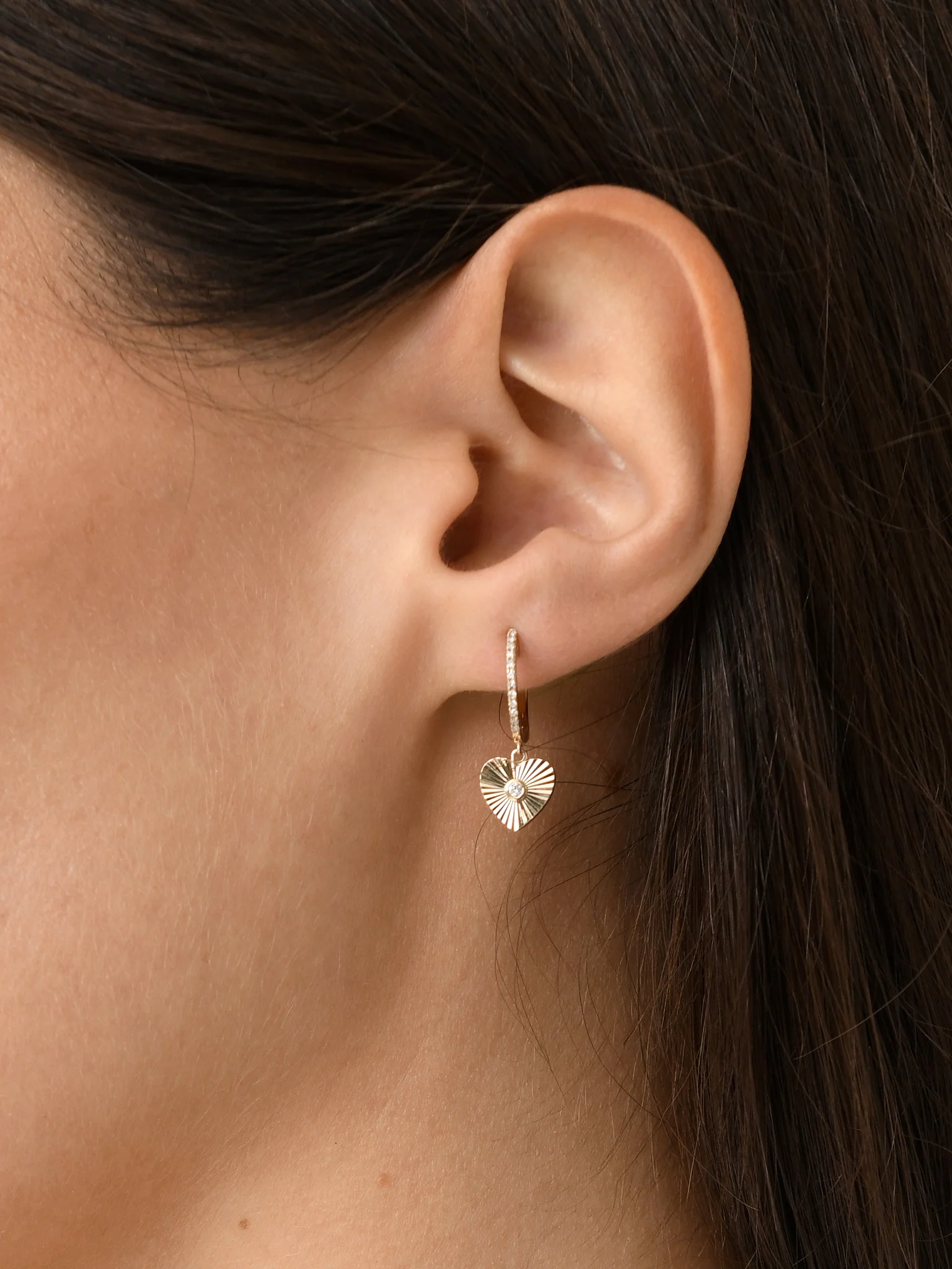 EF Collection Diamond Fluted Heart Drop Huggie Earrings - Image 2