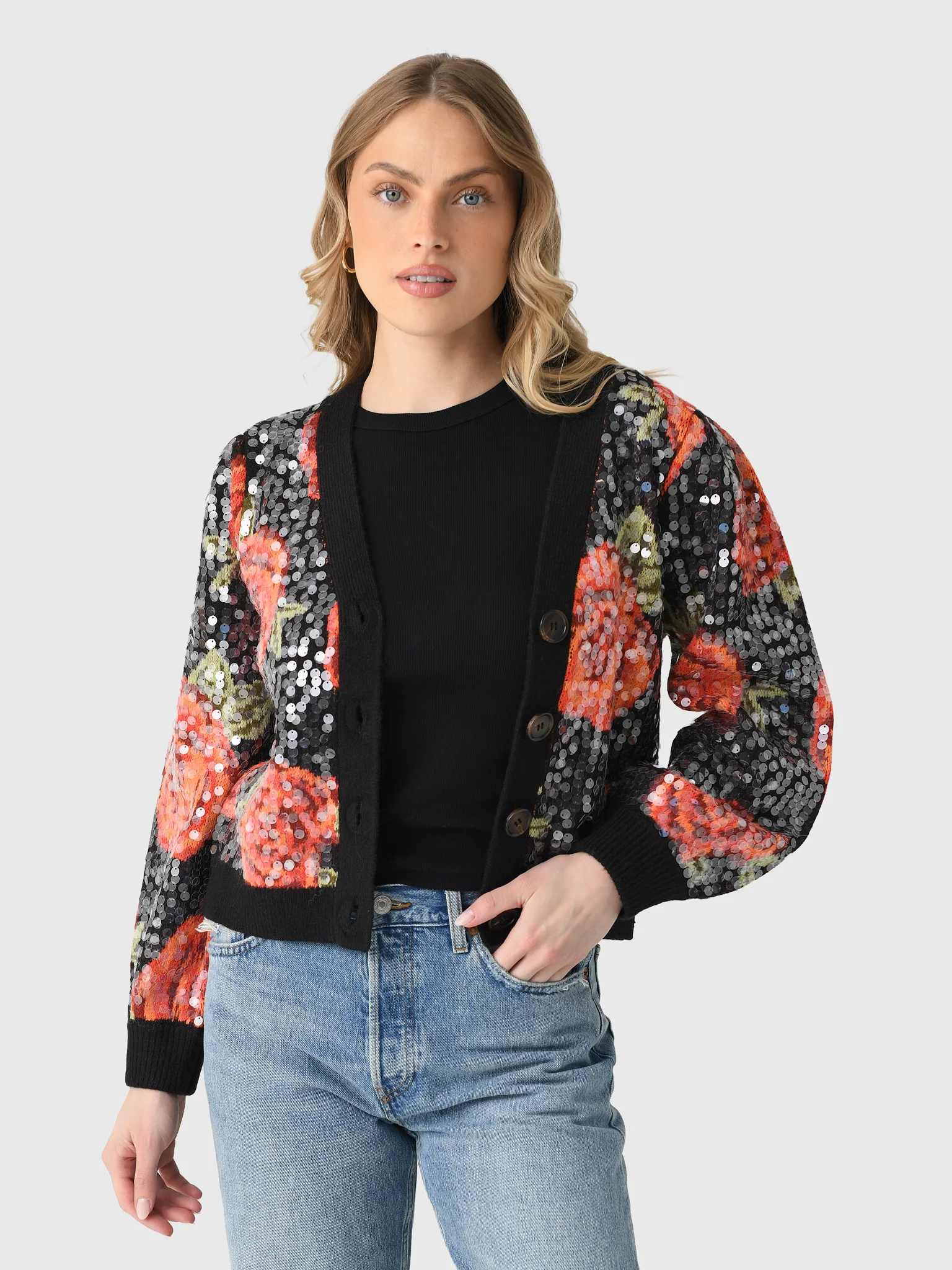 Farm Rio Women's Latin Roses Sequin Knit Cardigan - Image 4