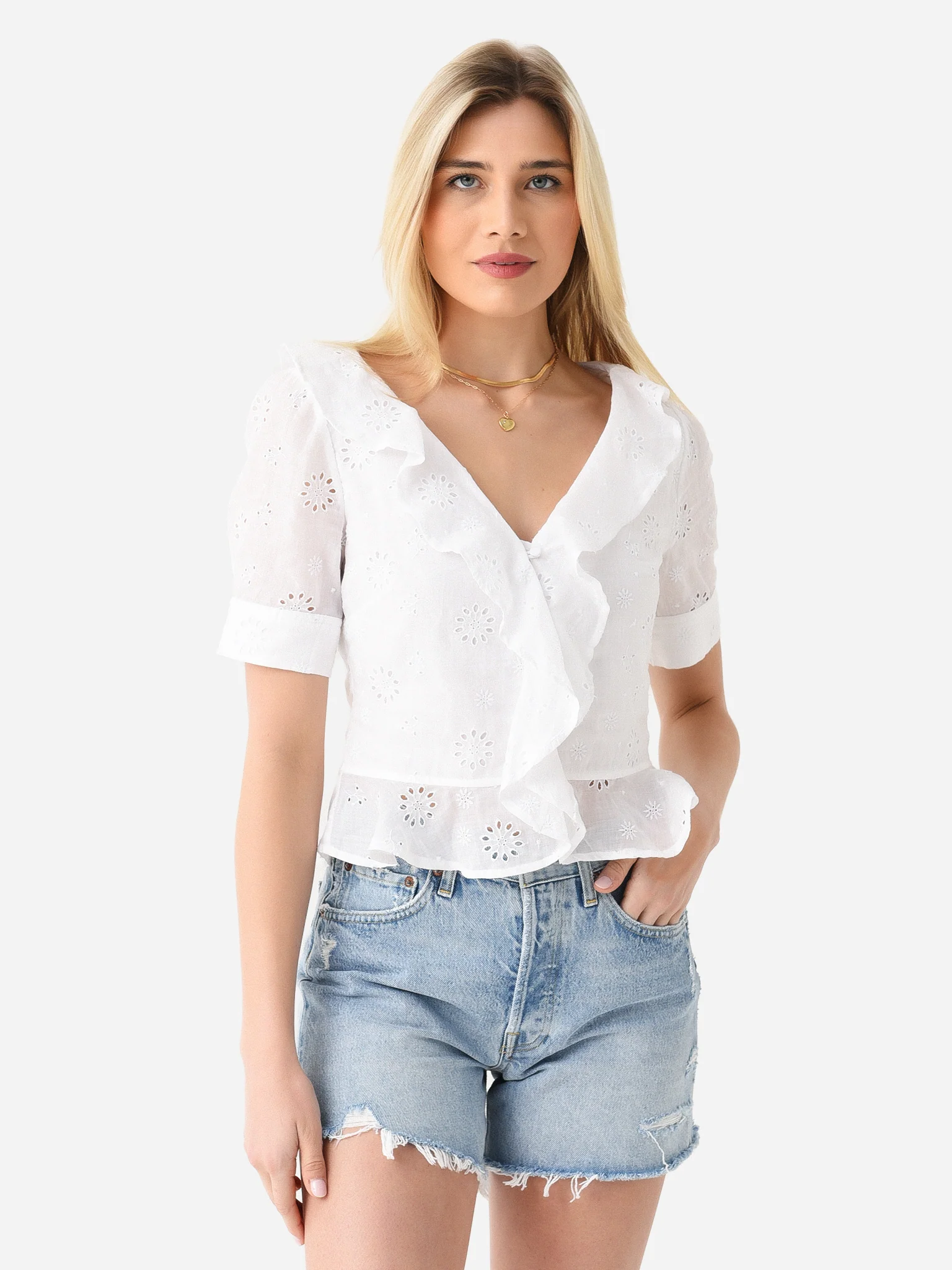 Frame Women's Ruffle Front Short Sleeve Top