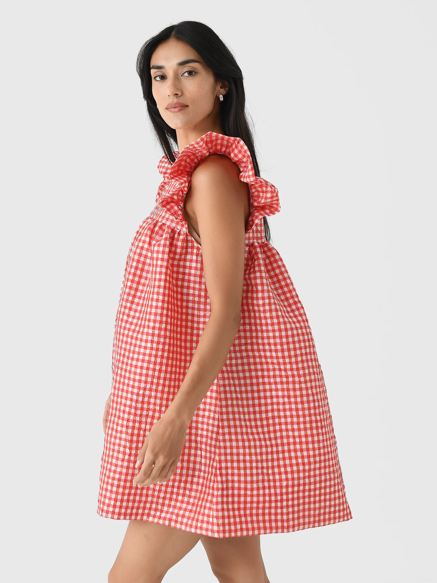 GANNI Women's Crinkled Taffeta Check Frill Mini Dress - Image 3