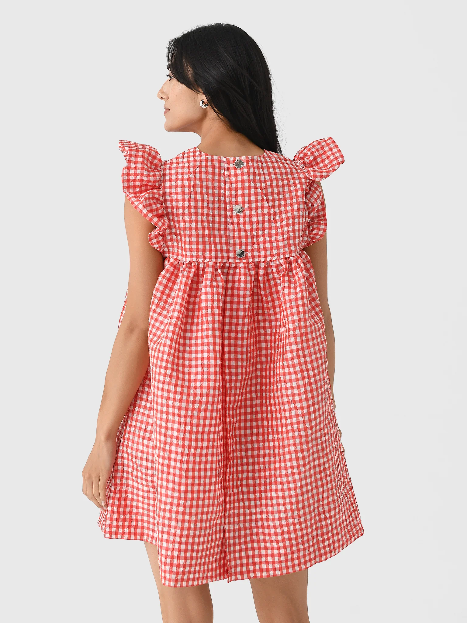 GANNI Women's Crinkled Taffeta Check Frill Mini Dress - Image 4