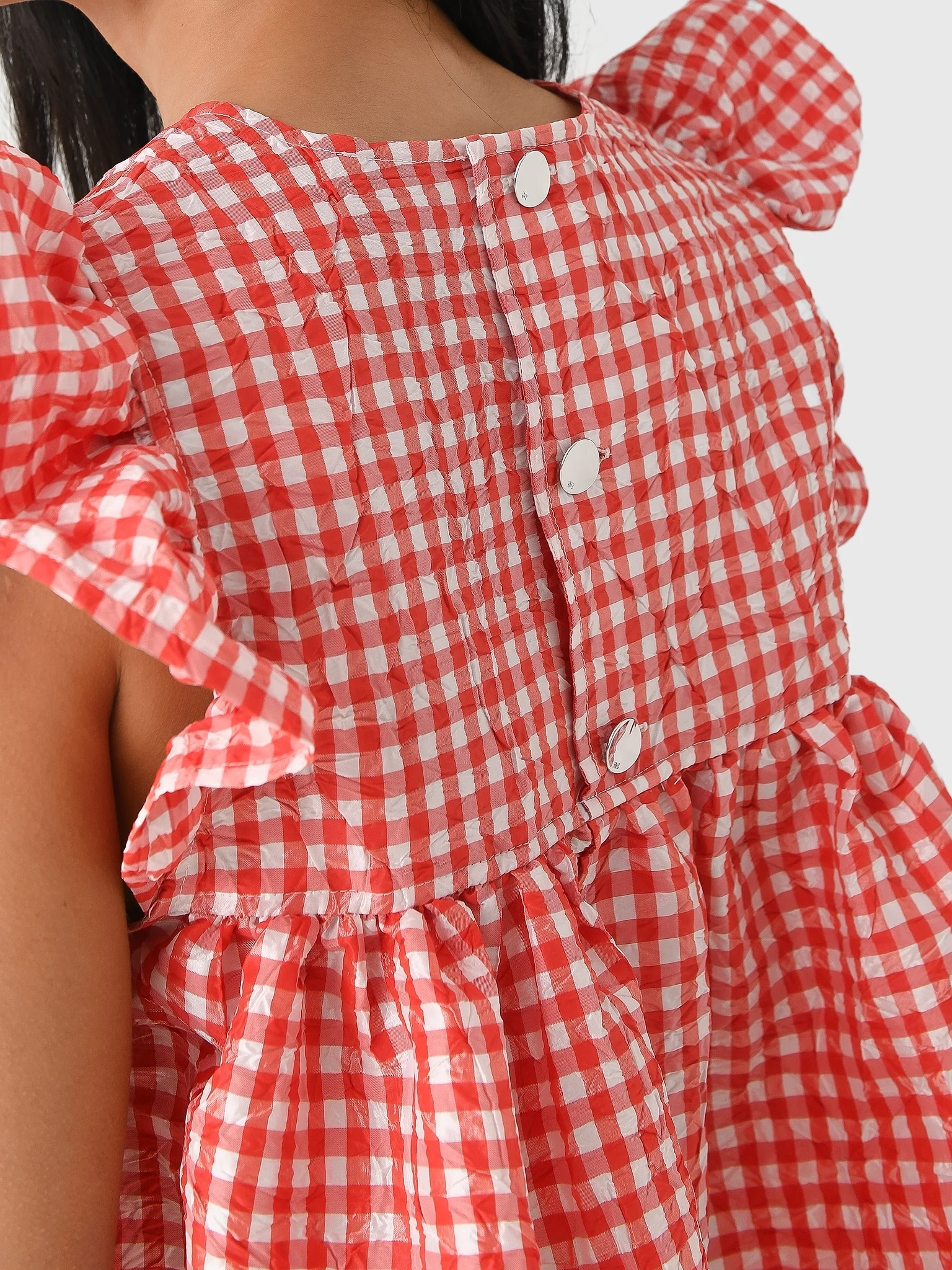 GANNI Women's Crinkled Taffeta Check Frill Mini Dress - Image 5