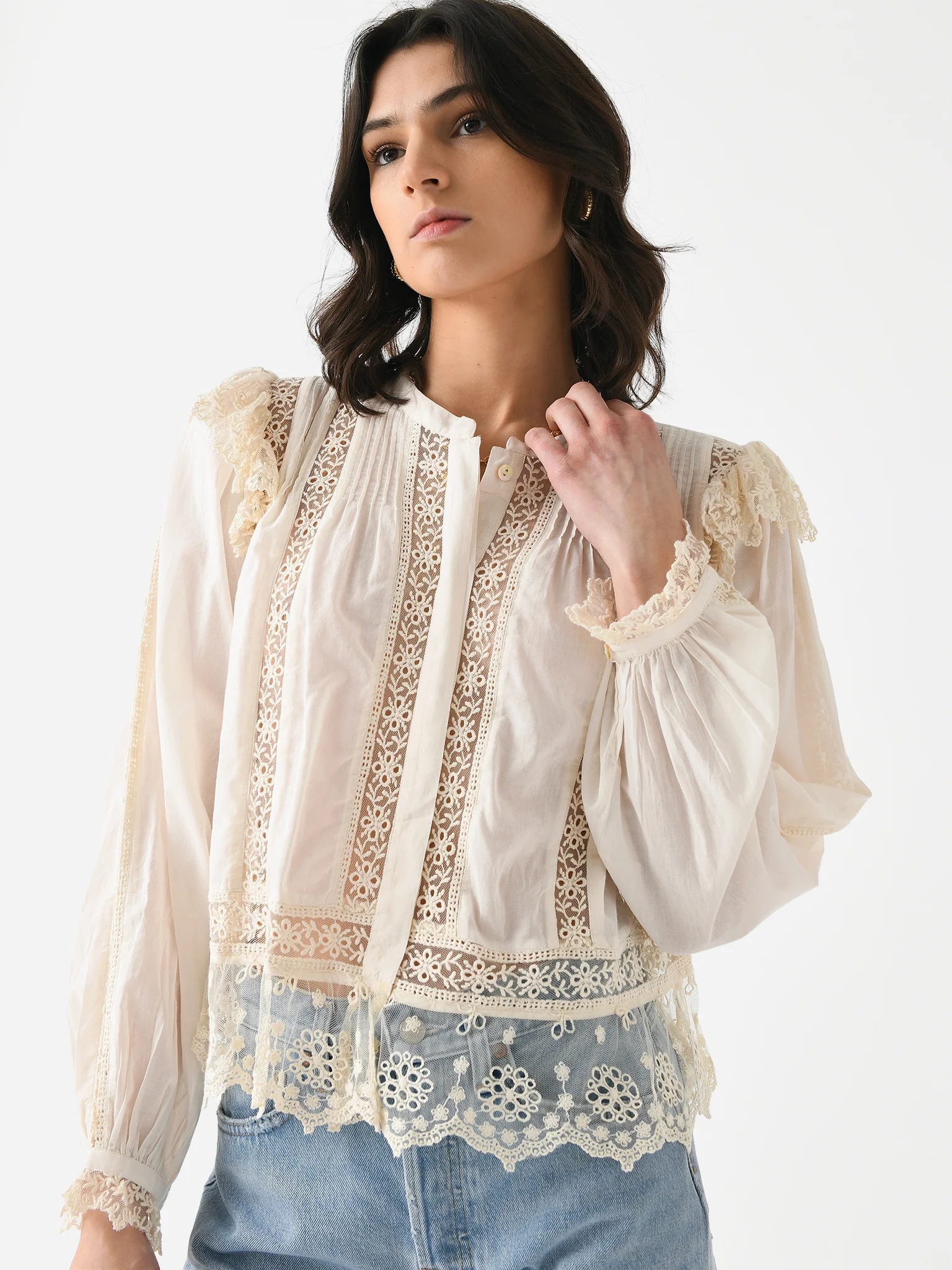 LoveShackFancy Women's Kava Cotton Ruffle Long Sleeve Blouse