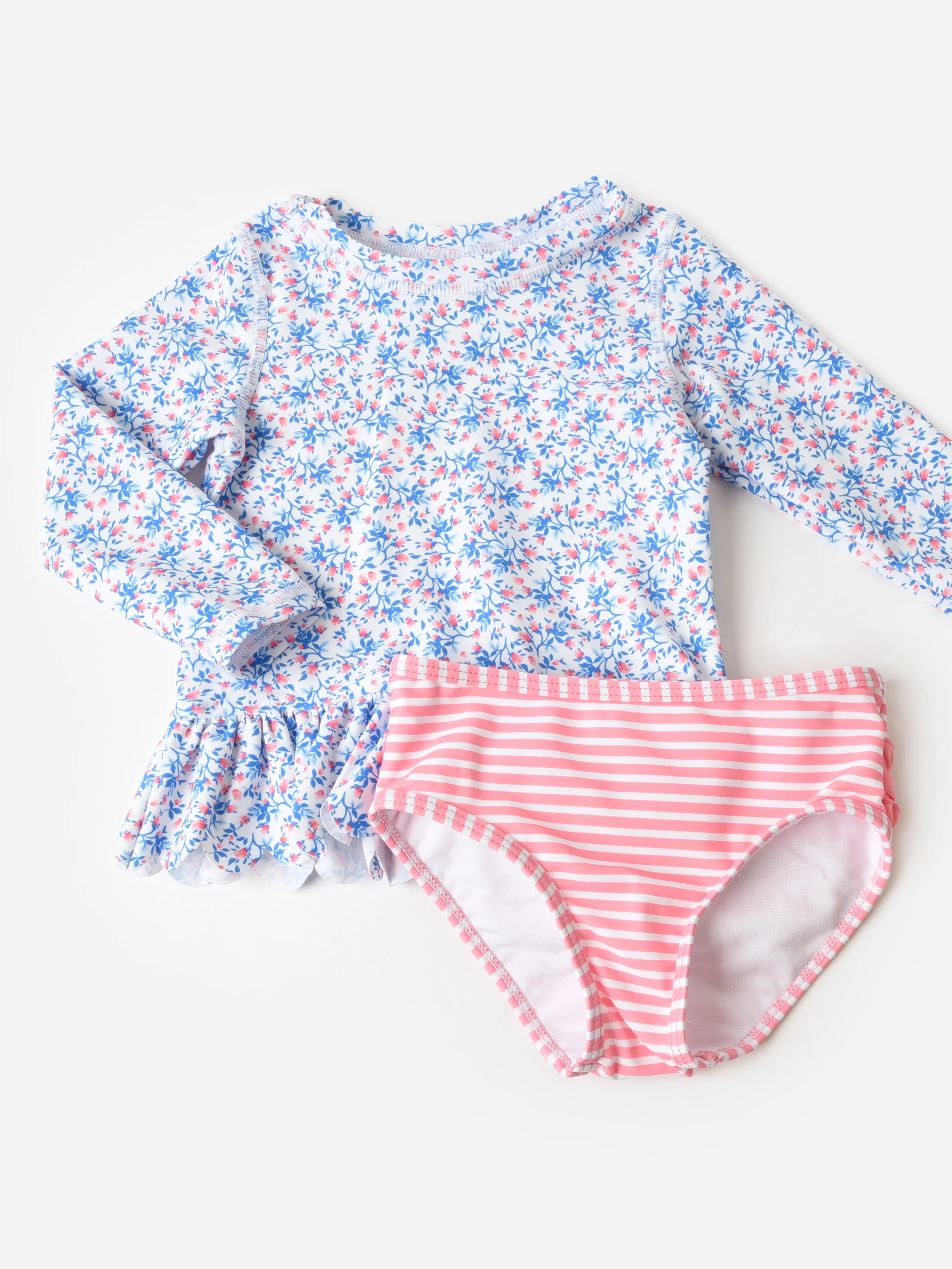 Rufflebutts Girls' Scalloped Long Sleeve Rash Guard Bikini Set