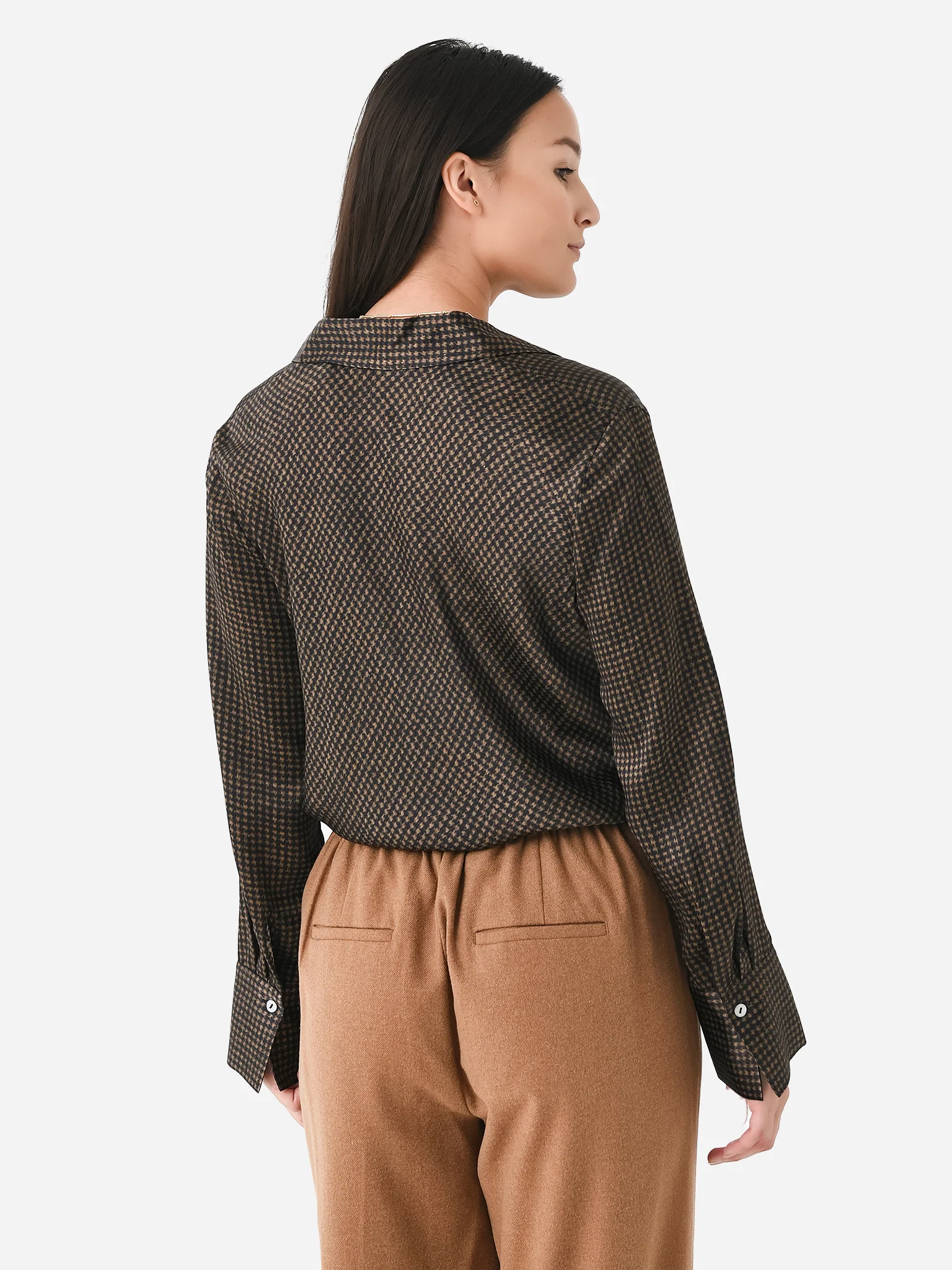 Vince Women's Houndstooth Silk Bias Long Sleeve Blouse - Image 4