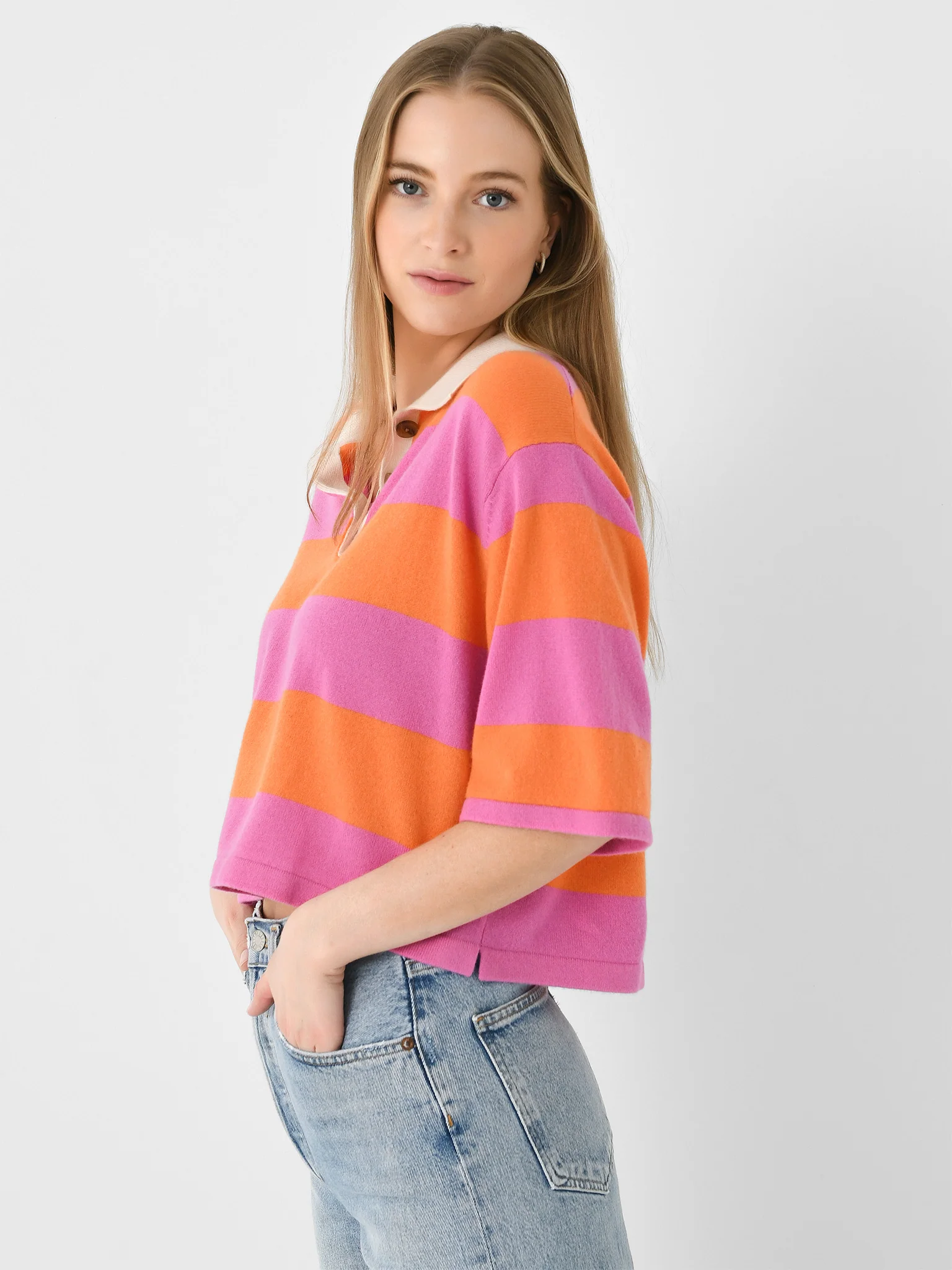 White + Warren Women's Cashmere Cropped Striped Polo - Image 3